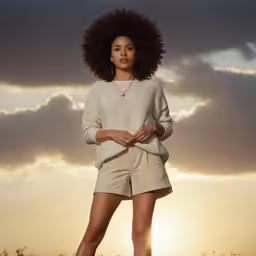 a woman wearing shorts is posing for the camera