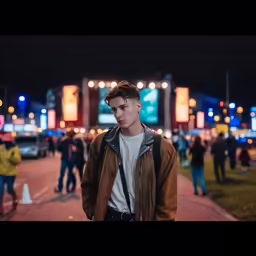 a guy stands in the street at night