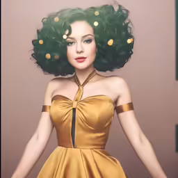 woman with long green hair in yellow dress with golden beads