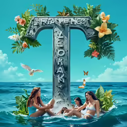 three girls sitting on a large cross in the middle of the ocean