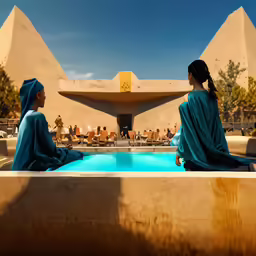 two women sitting next to each other on a ledge near a pool
