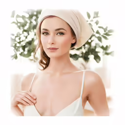 the model is posing for a photo wearing a white hat