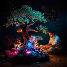man kneeling in front of an illuminated tree