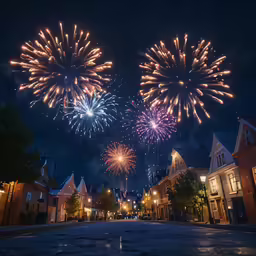 brightly lit fireworks in the night sky above small buildings
