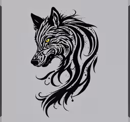 an illustration of a wolf head on the side of a sheet of paper,a wolf with yellow eyes on the side