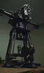 a telescope mounted to a table top, and another person behind it
