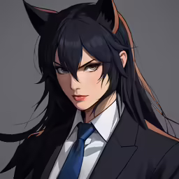 a anime boy with long hair wearing a black jacket and tie