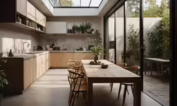 a kitchen with a wooden table and chairs