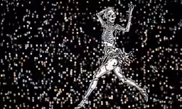 skeleton running while wearing a top hat