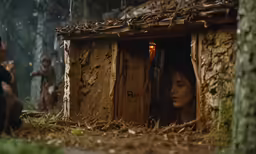 a woman standing in front of a house made out of logs