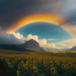 a beautiful sunset, a rainbow over a field with sunflowers and mountains
