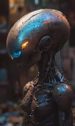 a grey alien with glowing yellow eyes in the rain