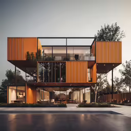 a two story building with multiple balconies and large wooden walls