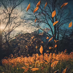 autumn scene in park with trees and yellow flowers