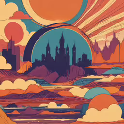 a futuristic city landscape with clouds and sun,an illustrated illustration of the sun over an futuristic city