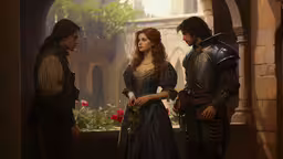 a man in a suit of armor standing next to two women,two male and one female dressed as medieval people