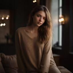 a woman in a sweater staring away from the camera