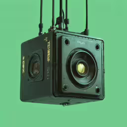 an old camera hanging in front of a green background