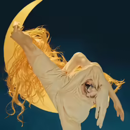 a woman in a white dress holds the moon