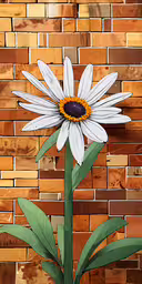 a paper flower on top of a green stem in front of a brick wall,the large flower is in front of a brick wall