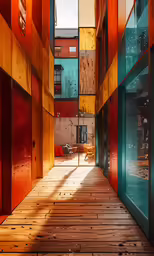 a long wooden walkway in a room next to tall windows