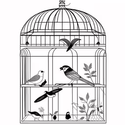 birds in a cage with leaves and a branch,a bird cage with birds in it