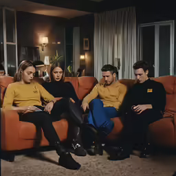 a group of three people are sitting on a couch
