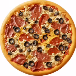 a pizza with olives, ham and other toppings