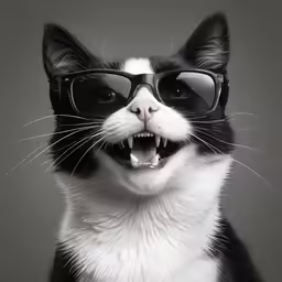 a black and white cat wearing sunglasses in front of a grey background