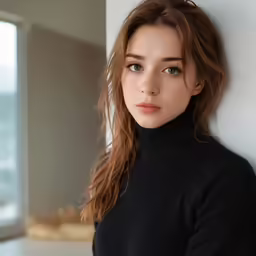 the young woman is posed against a wall