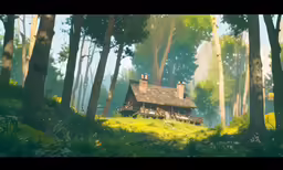 a forest scene with an old, run down house