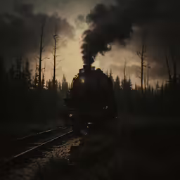 a train is moving down the railroad tracks with smoke