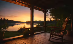 the view from the porch at night looking at the lake,the sun is setting and is shining brightly over the water