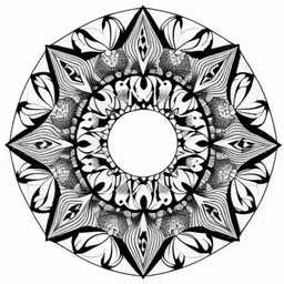 a black and white circular pattern that resembles flowers,a circular element with an intricate pattern