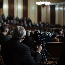 the man is filming an audience in front of his camera