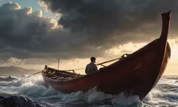 a boat in the ocean with a person sitting inside,a boat in the water, with a man standing on it