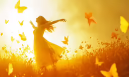 a woman in a field with yellow butterflies flying by