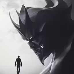 a man standing in front of a large dragon