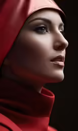 the woman is wearing a red shawl on her head