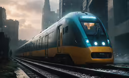 a train on the tracks in a city,the train is going down the tracks outside