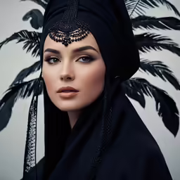 a woman with a head scarf on top of her head