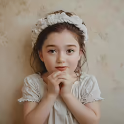 a girl dressed in a white dress poses for a photo