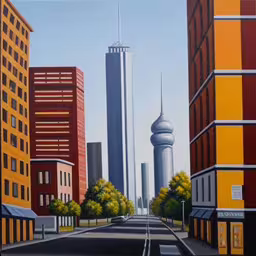 some buildings and a street and a couple cars