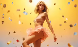 a woman in a pink skirt standing with scattered objects behind her