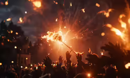 many people are using bright, firework sticks in a crowd