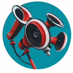 a red and black megaphone is pictured on a white background