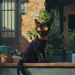 the dog wears shades as he sits on the back of the truck