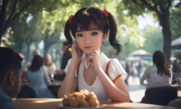 a girl is sitting at a table with a plate of food