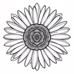 a black and white drawing of a sunflower,the drawing of a sunflower shows a very large leaf,a drawing of a large sunflower that has very long petals,an ink drawing of a sunflower in black and white,a flower drawing with black lines on white paper
