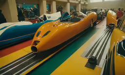 some very colorful looking cars with people walking around them